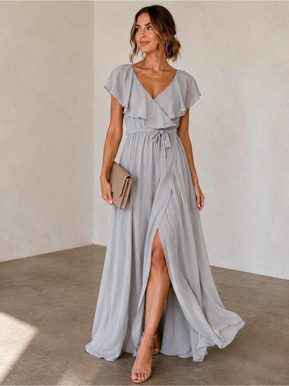 Baltic Born Light Grey Wrap Maxi Dress Flutter Sleeve Tie Waist Size M NWT